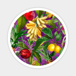 Vibrant tropical floral leaves and fruits floral illustration, Purple fuchsia fruit pattern over a Magnet